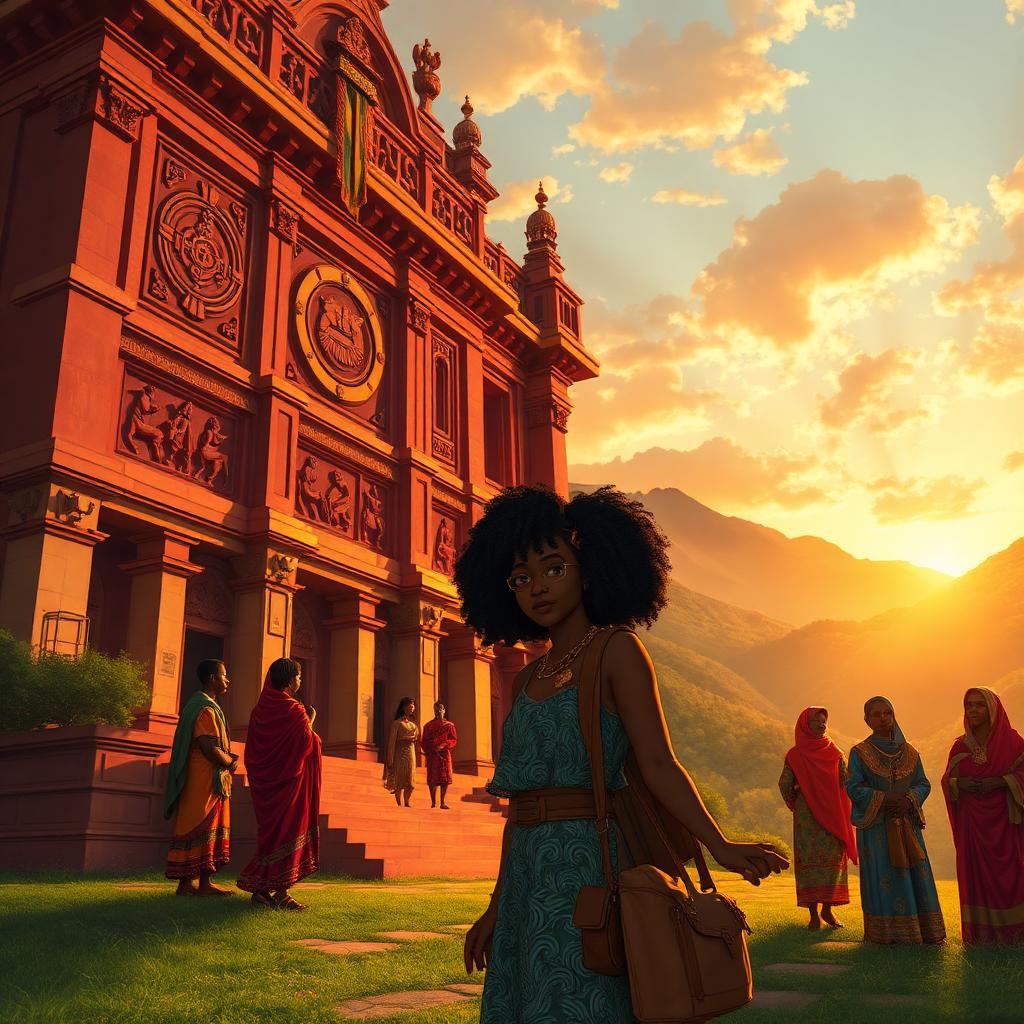 Amara arrives at the carved red facade of the Royal Palace of Foumban at sunset