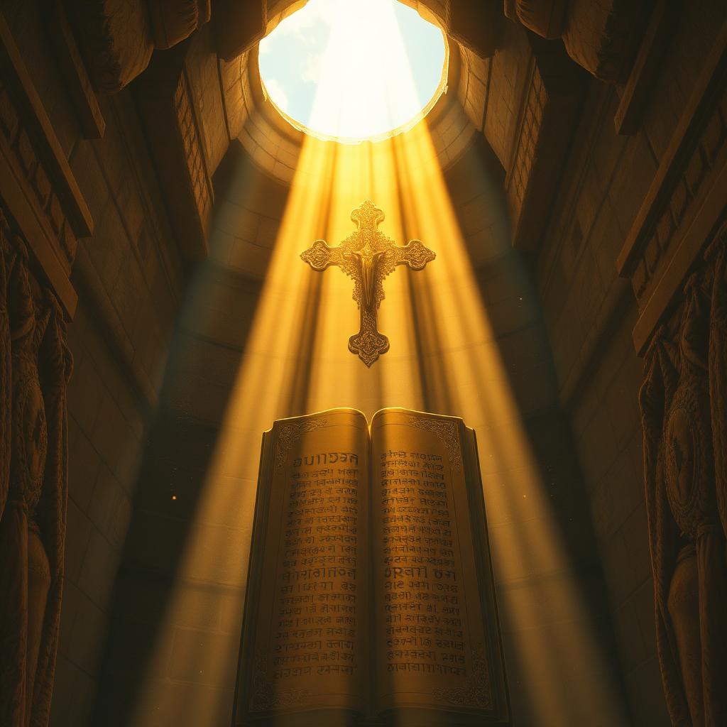 A shaft of sunlight passes through an Ethiopian cross and illuminates the Stone Codex