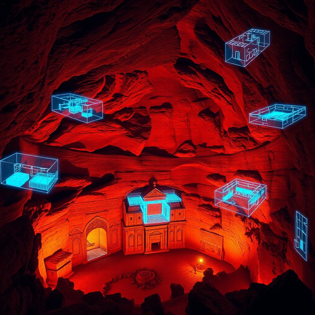 A hidden chamber lit by torches and blue holograms reconstructing Lalibela's construction process