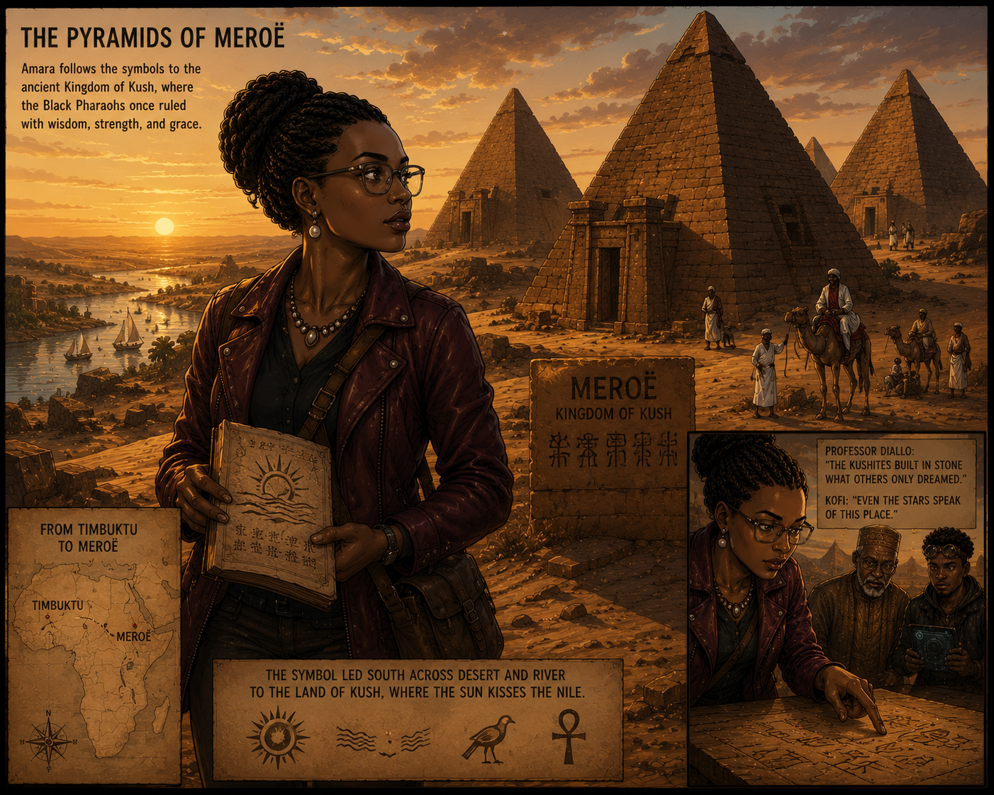 Amara walking among the Pyramids of Meroë