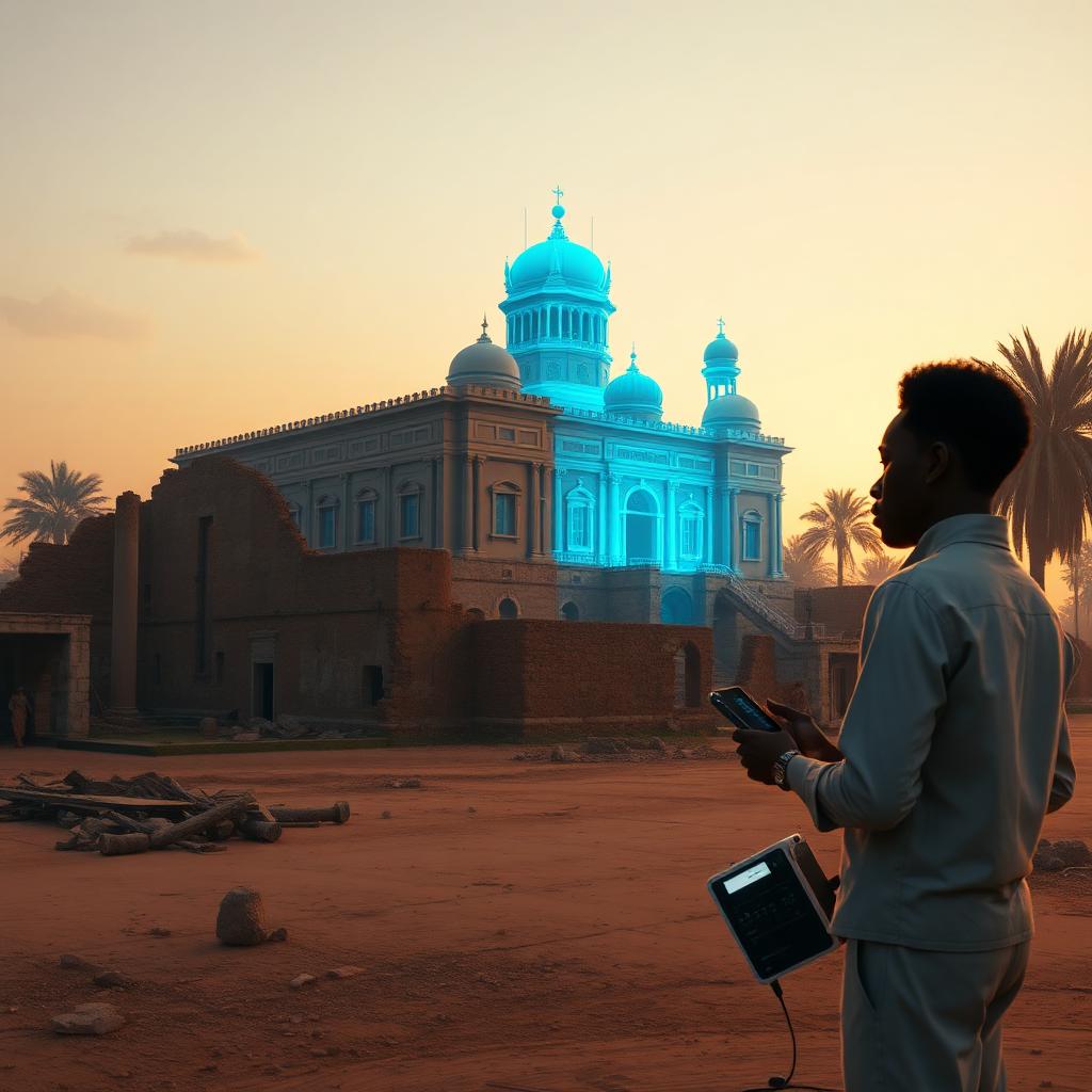 A blue holographic reconstruction of the original palace rises above the modern courtyard