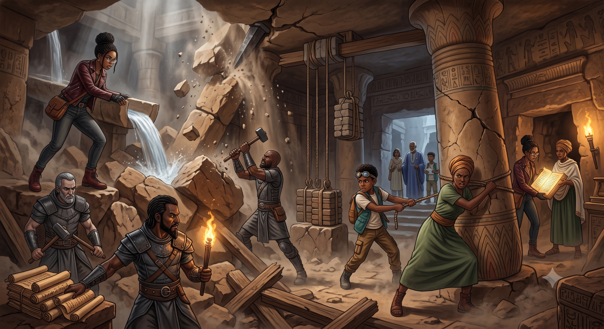 Amara redirects a water channel as dust falls from cracked pillars in the chamber