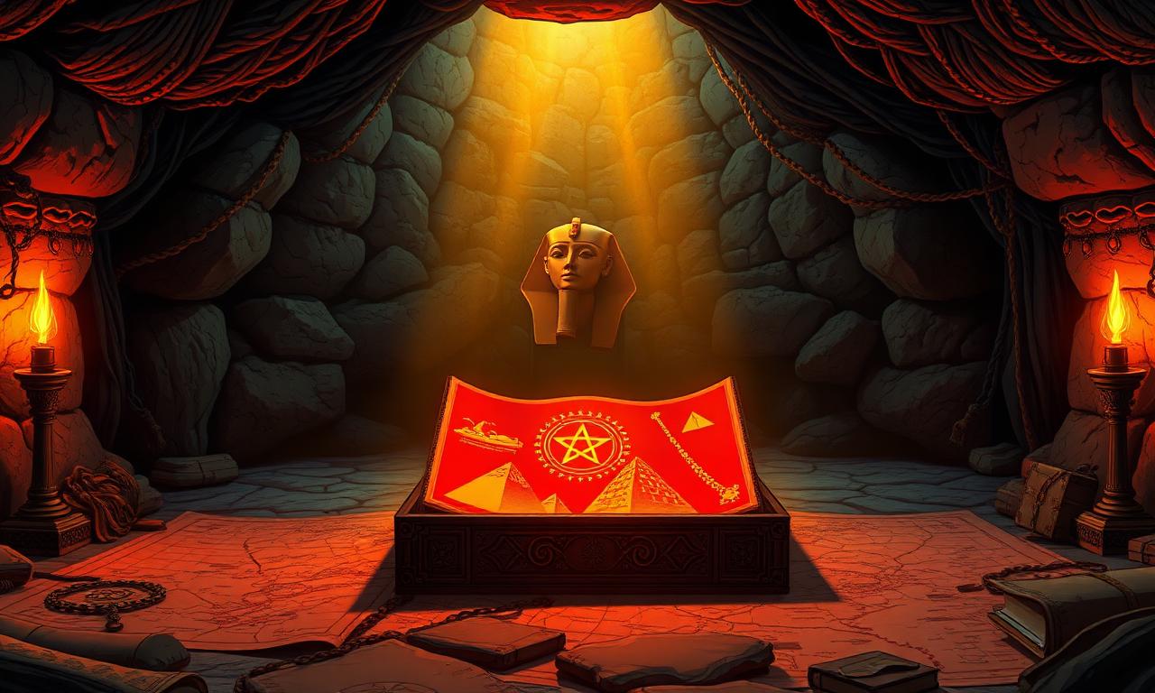 Ebony box opens to reveal a glowing red page bearing a sphinx, pyramids and coral beads