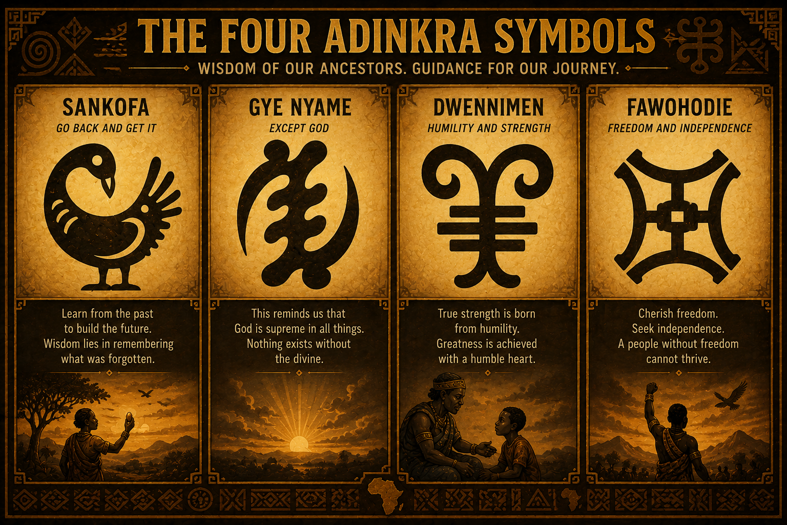 Four glowing adinkra symbols on a stone altar