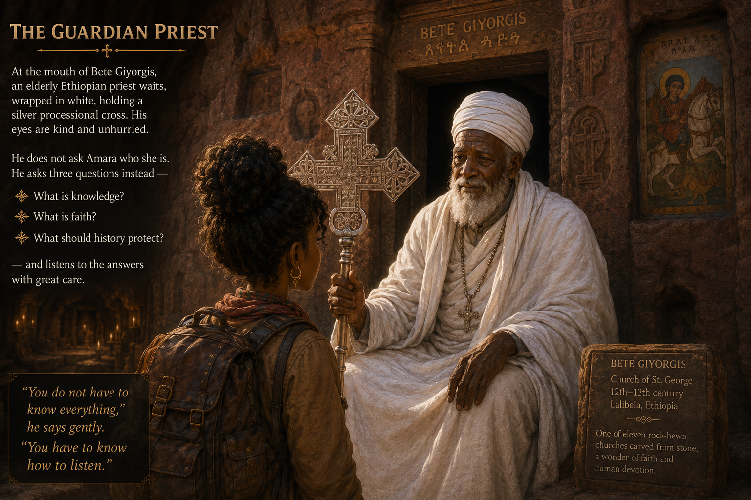 An elderly Ethiopian priest in white robes holds an ornate silver processional cross