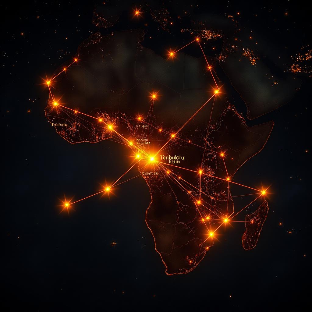 A glowing golden network of lines connects every African kingdom Amara has visited