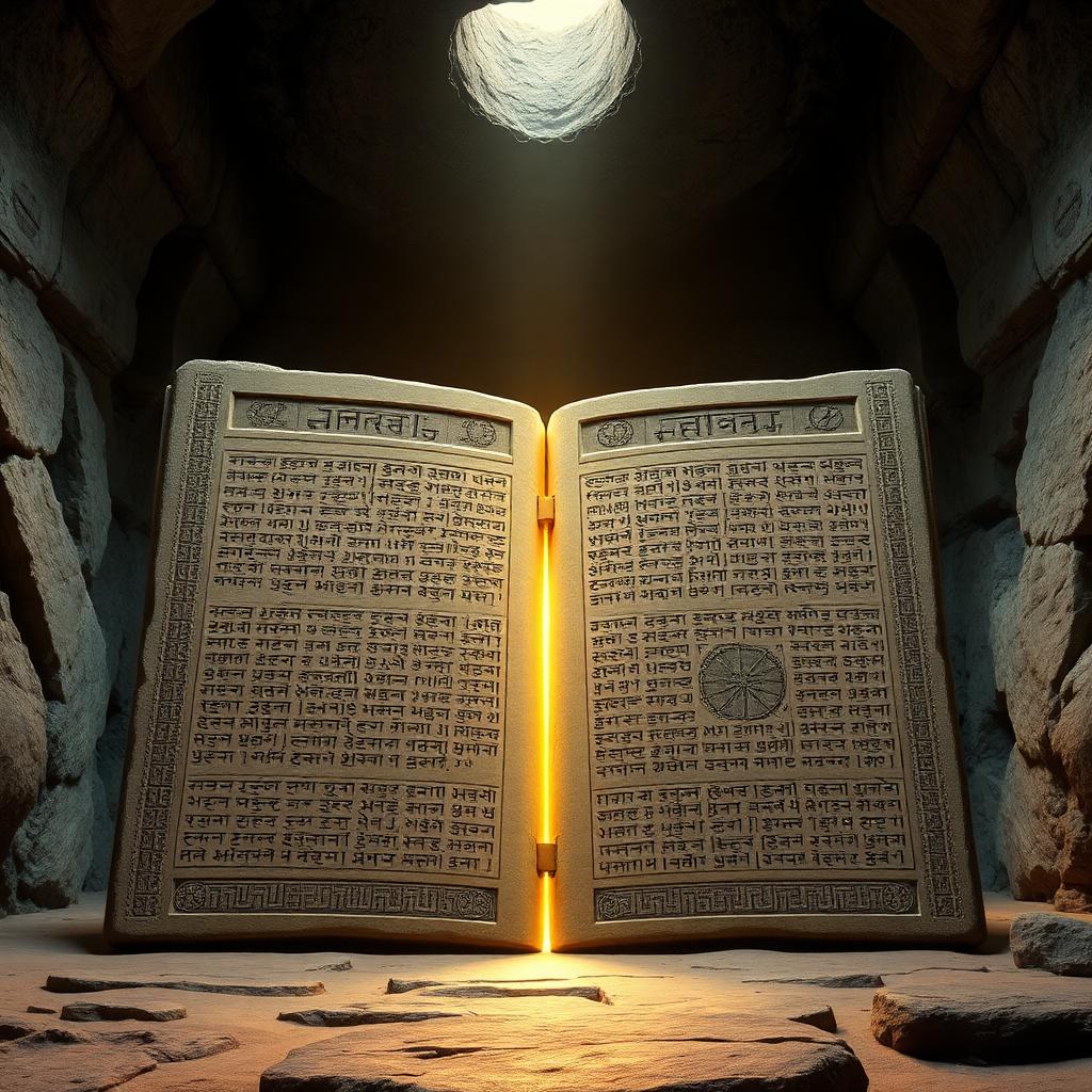 A giant carved stone book stands in the middle of an Ethiopian rock chamber