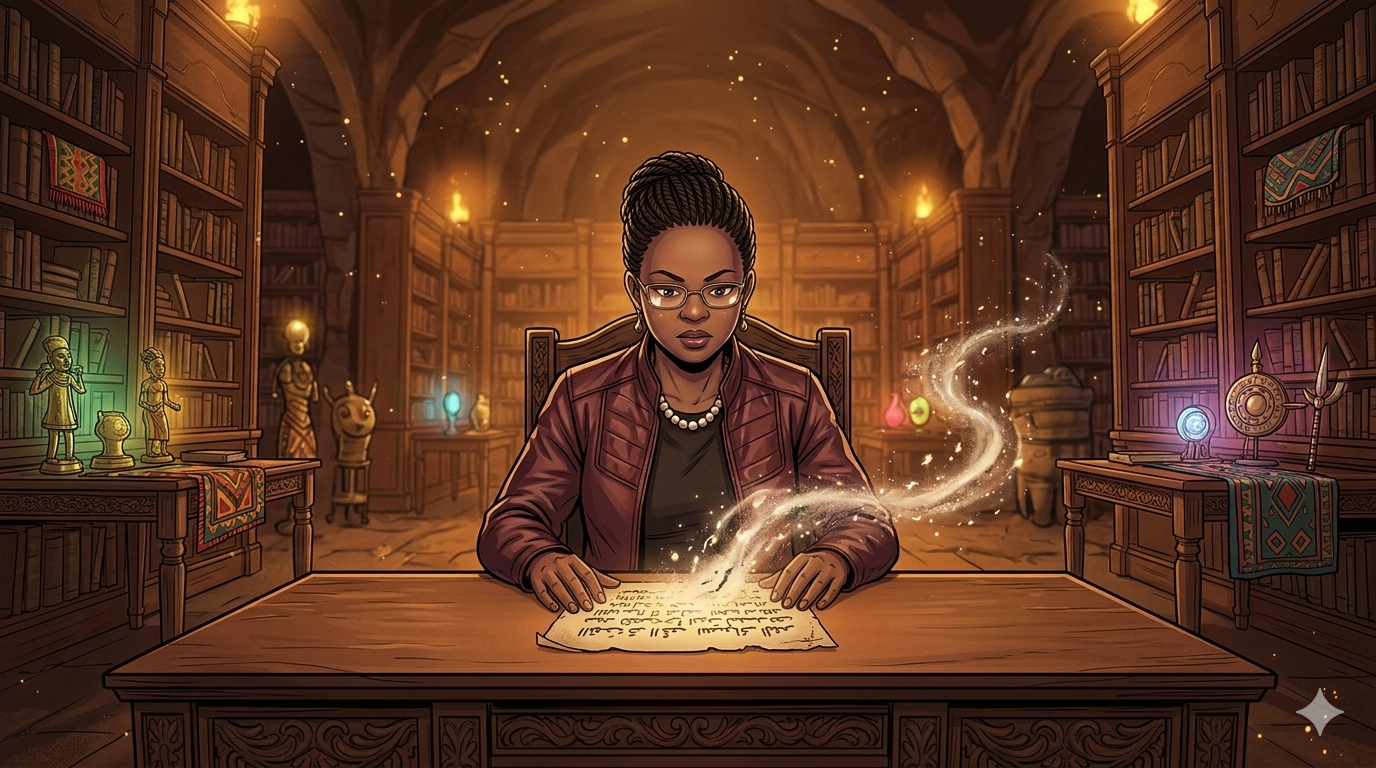 Amara reads the ancient manuscript as its ink dissolves into shimmering ash