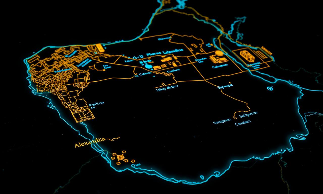 Holographic map of ancient Alexandria with waypoints
