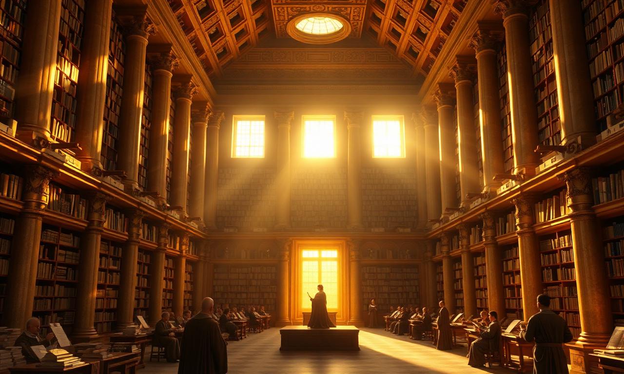 Inside the ancient Library of Alexandria, Hypatia teaching