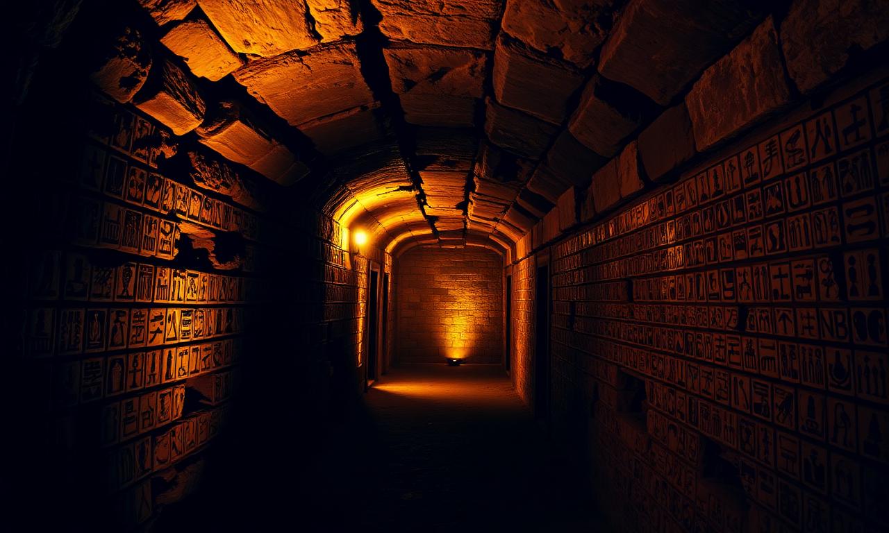 Catacombs of Kom el Shoqafa with glowing symbol tiles