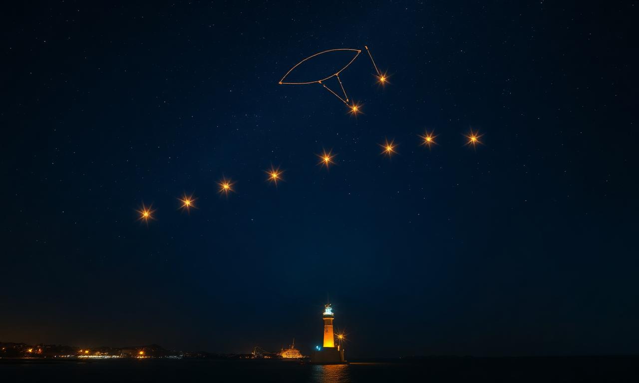 Night sky over Alexandria with seven aligned stars