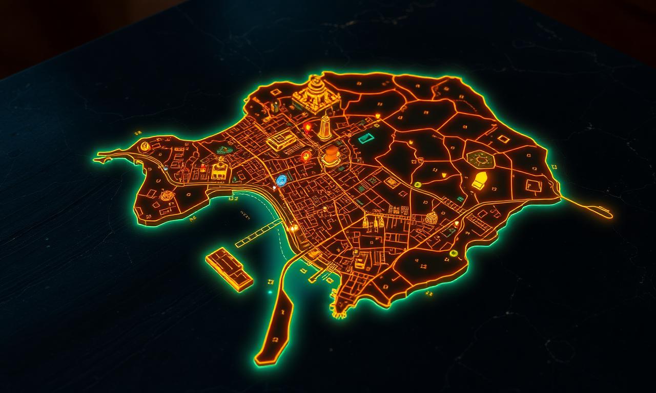 Holographic 3D map of Gorée Island with waypoints