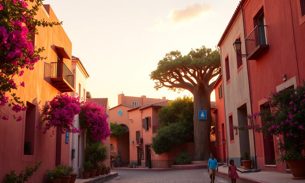 Colorful streets of Gorée Island with ancestral baobab tree
