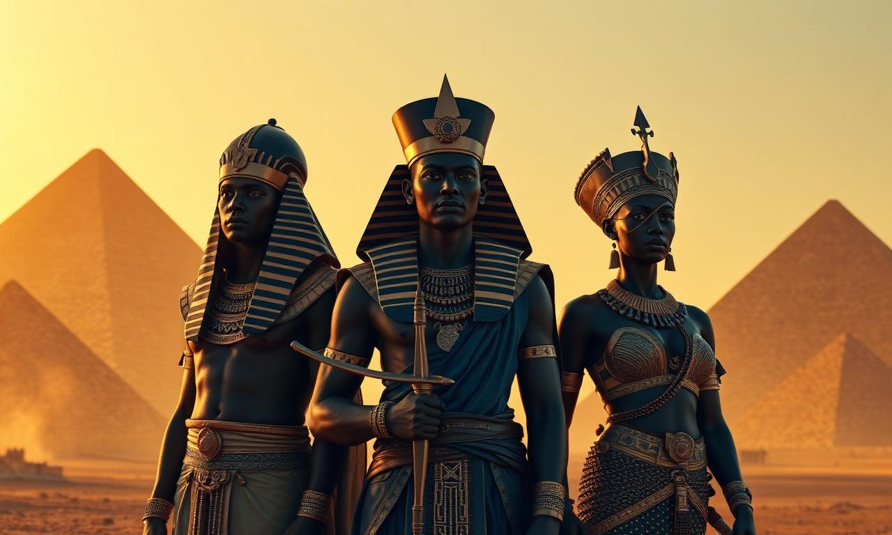 King Piye, King Taharqa and Queen Amanirenas before the Nubian pyramids