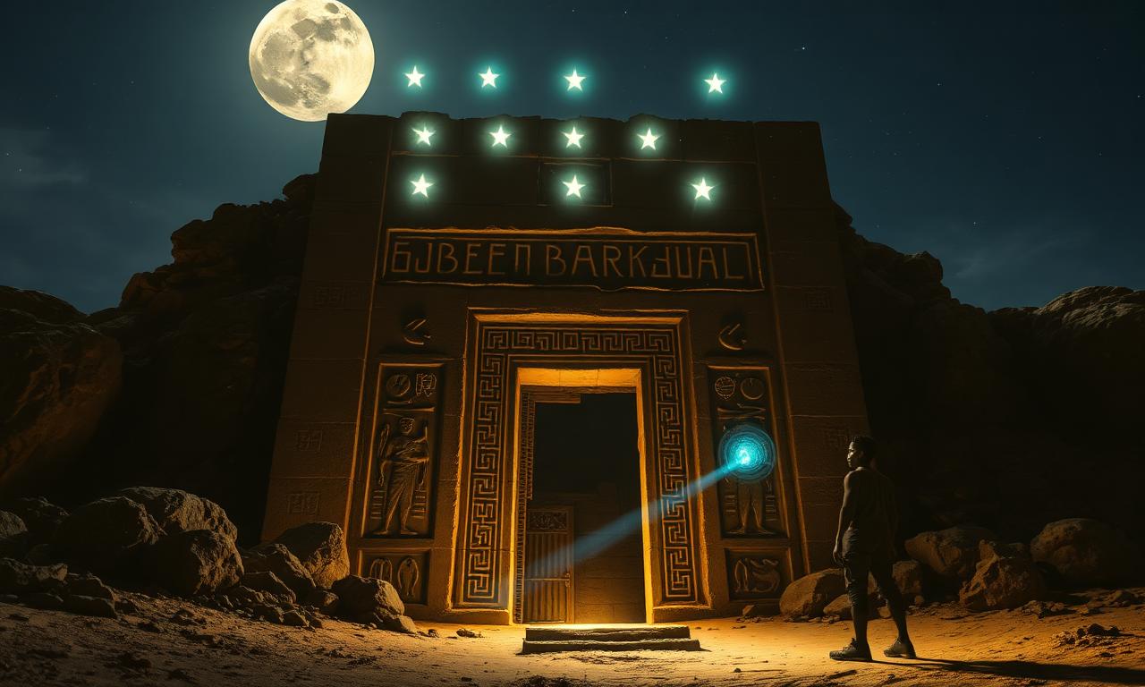 Jebel Barkal under moonlight with seven aligned stars