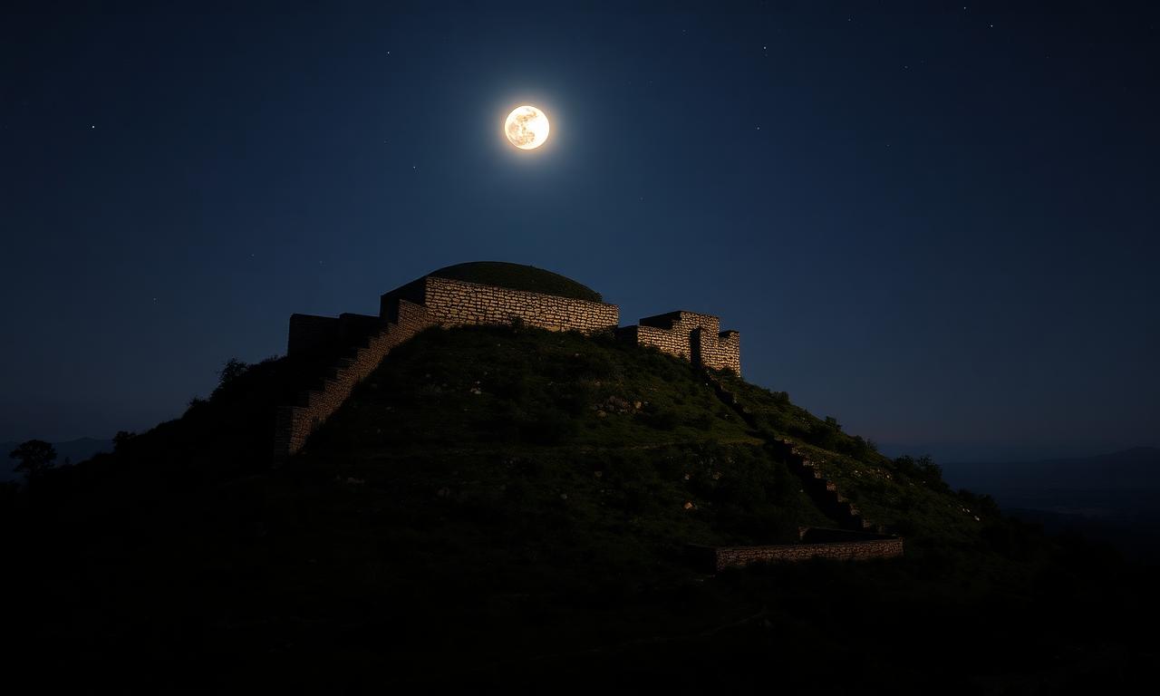 Hill Complex of Great Zimbabwe under moonlight with seven aligned stars