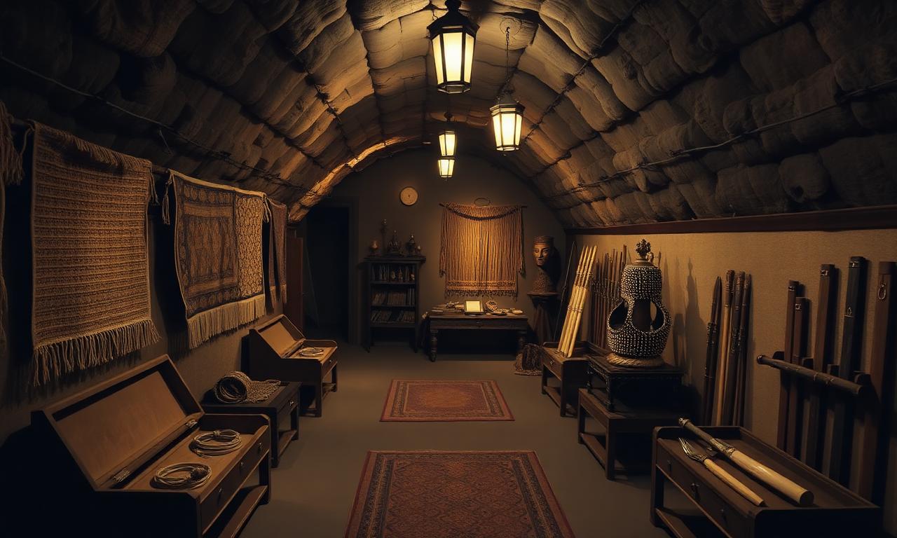 Underground chamber filled with raffia, copper, ivory and bead treasures
