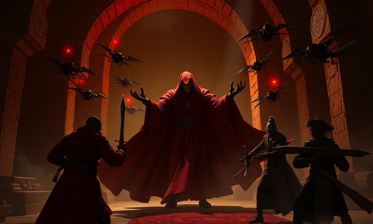 The Crimson Scribe and shadow drones invade the treasure chamber