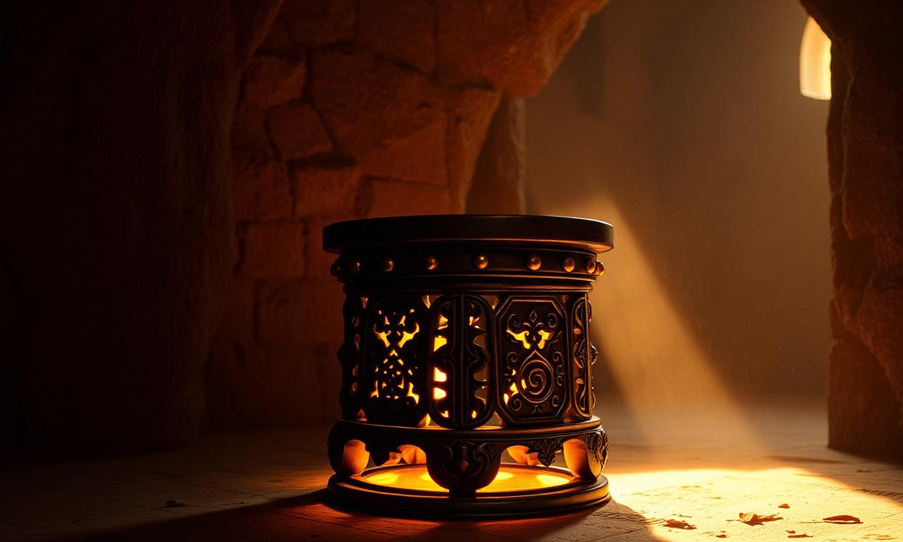 Carved scholar's stool with glowing geometric symbols