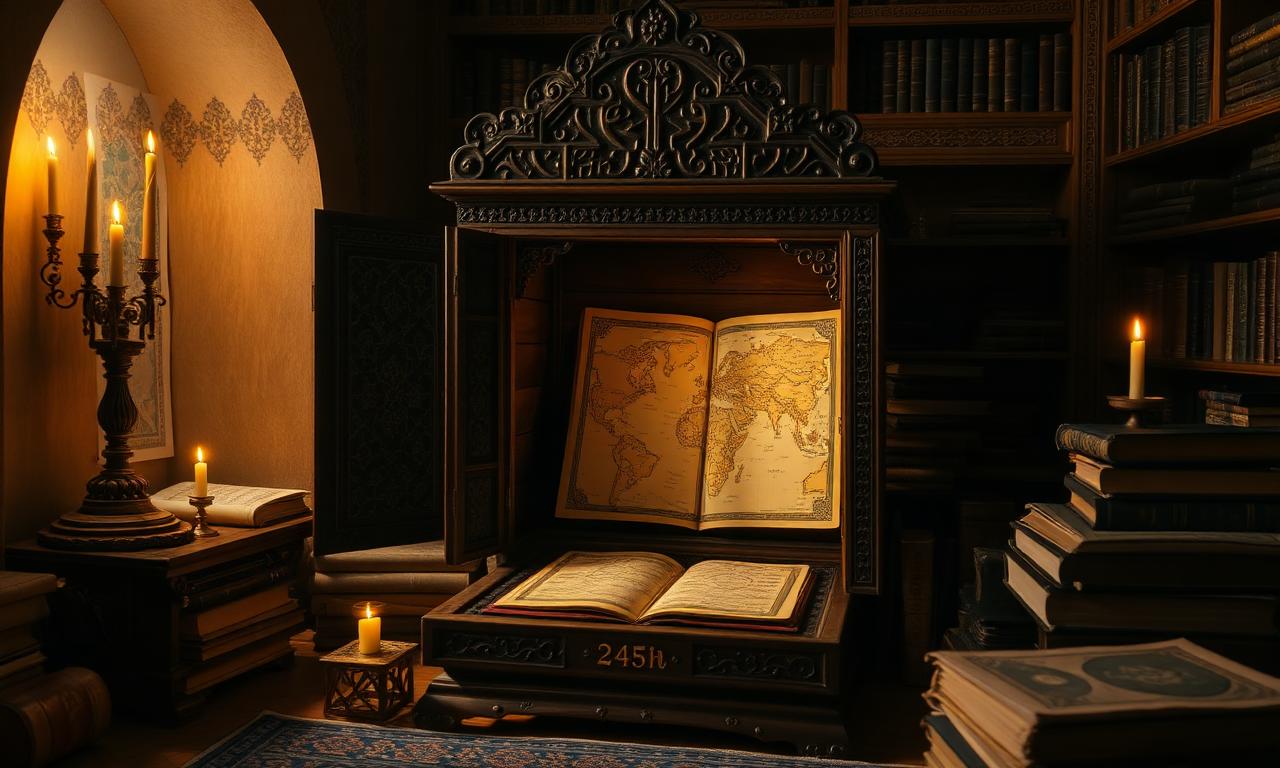 Carved wooden Koran stand revealing a hidden map