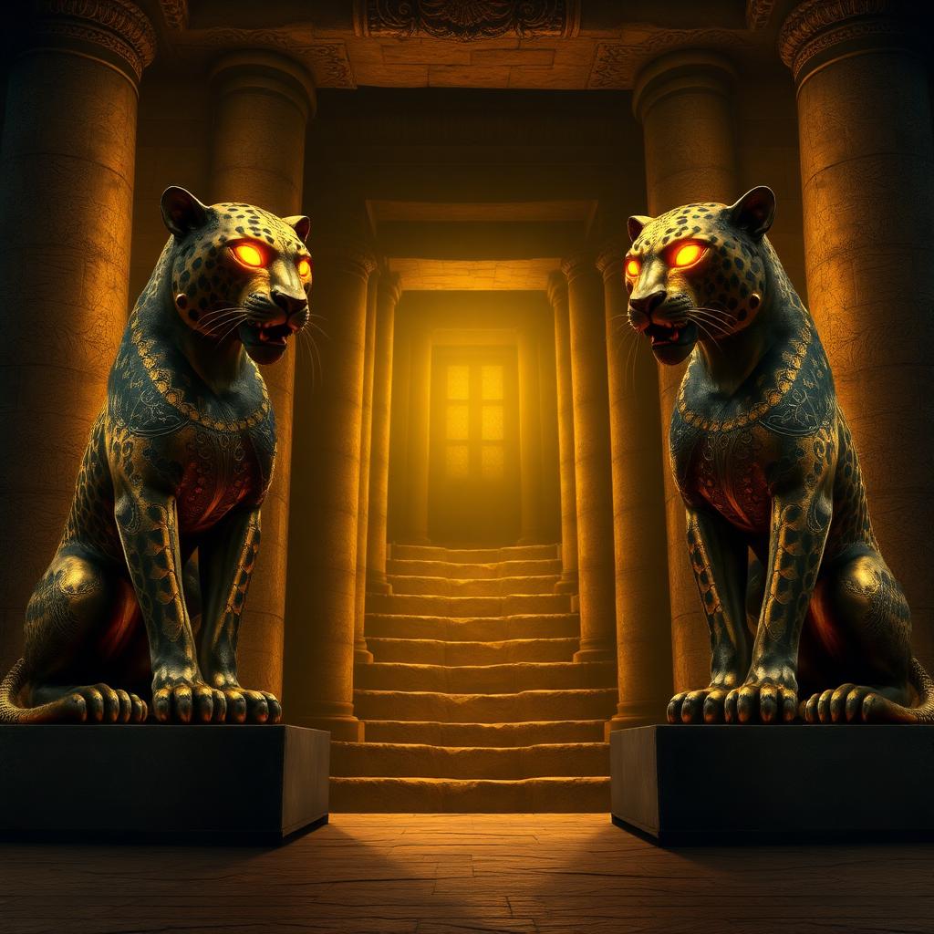 Two bronze leopards guarding a hidden staircase